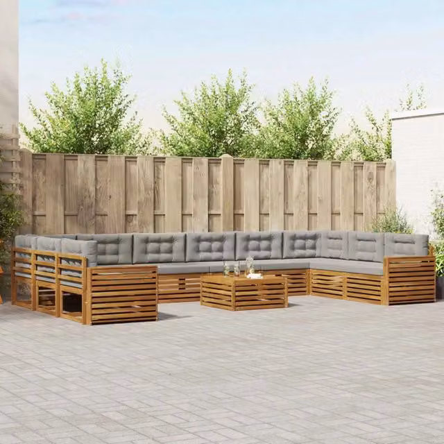 Set di divani da giardino a forma di L con tavolo da caffè vidaXL, colore grigio, in legno di acacia trattato con cuscini inclusi – 1