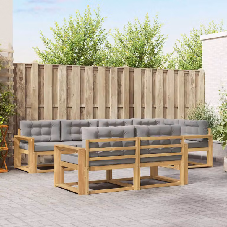 Set di divani da esterno a forma di U vidaXL in legno di acacia con cuscini, Bianco e Grigio