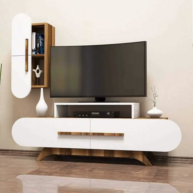 Parete attrezzata DMORA Ifigenia per soggiorno, composizione moderna con mobile basso, armadio porta TV e mensole, Noce e Bianco, L: 145 cm, H: 37 cm, P: 50 cm – 1