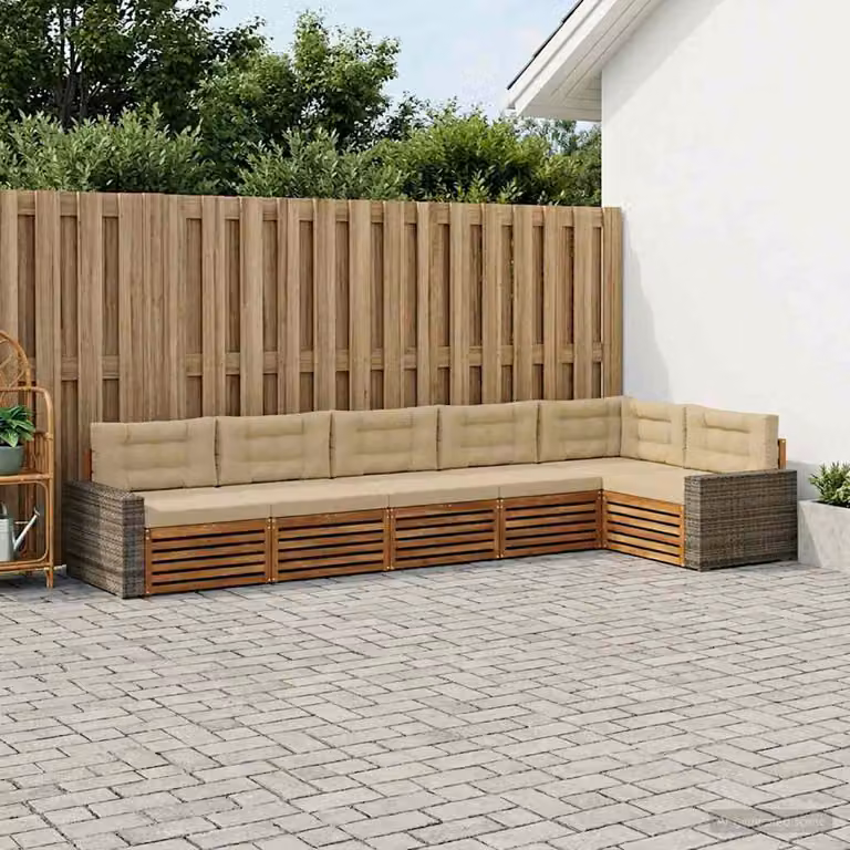 Set di divani da esterno vidaXL 6 pz a forma di L in legno di acacia e poliestere beige e sabbia con cuscini inclusi