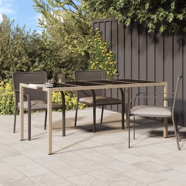 The Living Store Tavolo da giardino Beige 190x90x75 cm Vetro temperato e poly rattan