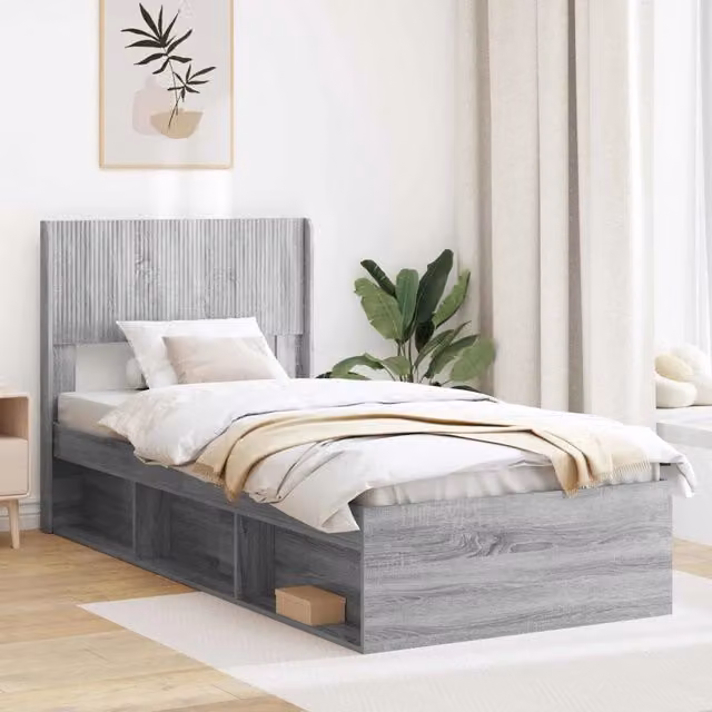 Letto con contenitore e testata vidaXL in legno ingegnerizzato grigio L 140 x P 82 x H 193 cm
