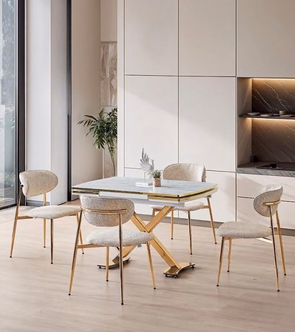 Set da pranzo: tavolo da pranzo con 4 sedie, moderno, in marmo, comodo, allungabile