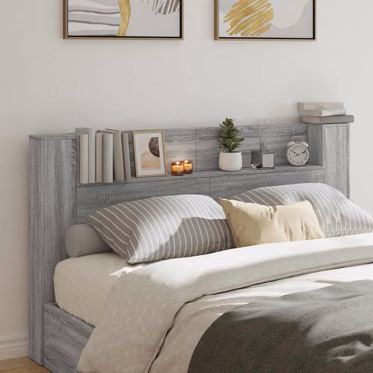 Testata del letto con mobile e illuminazione LED vidaXL in legno ingegnerizzato grigio Sonoma L: 180 cm, H: 103,5 cm, P: 22,79 cm