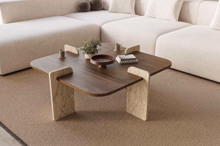 Skye Decor, tavolino di alta qualità, noce e travertino, 90 x 35 x 90 cm | Pannello truciolare rivestito al 100% in melamina | Design moderno, ideale per il soggiorno e gli ambienti contemporanei.