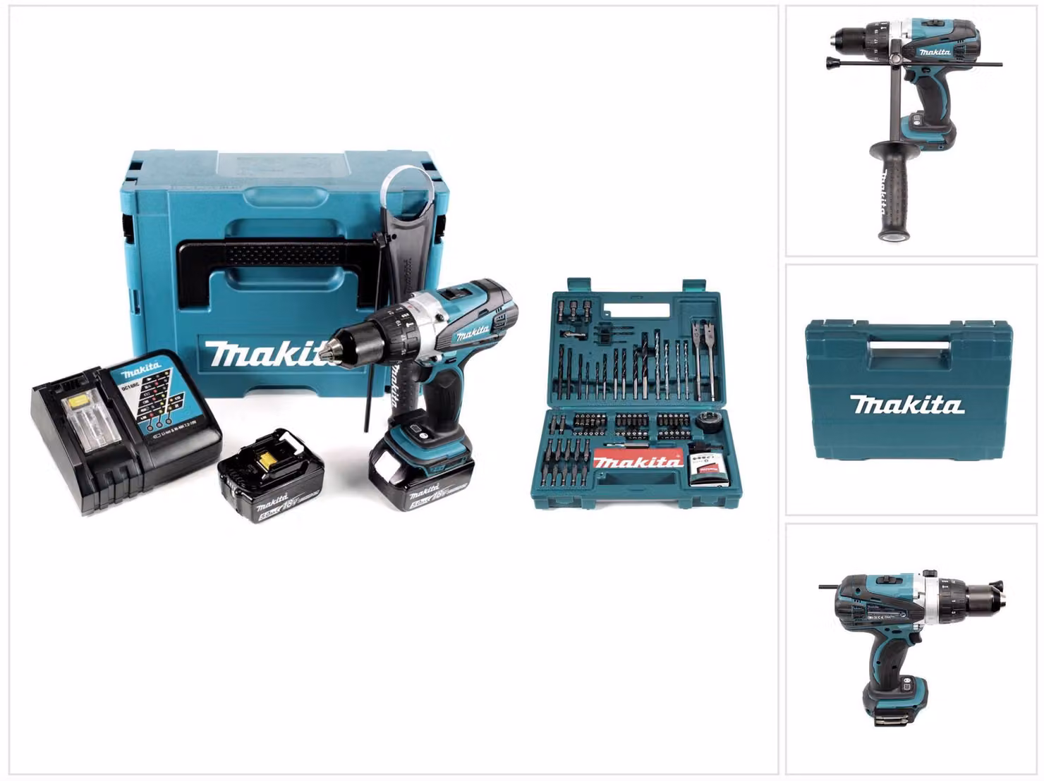 Makita DHP 458 RTJ Trapano avvitatore con percussione a batteria 18V in valigetta Makpac + 2x Batterie 5,0 Ah + Caricatore + Set Makita di 100 punte avvitat./forat.