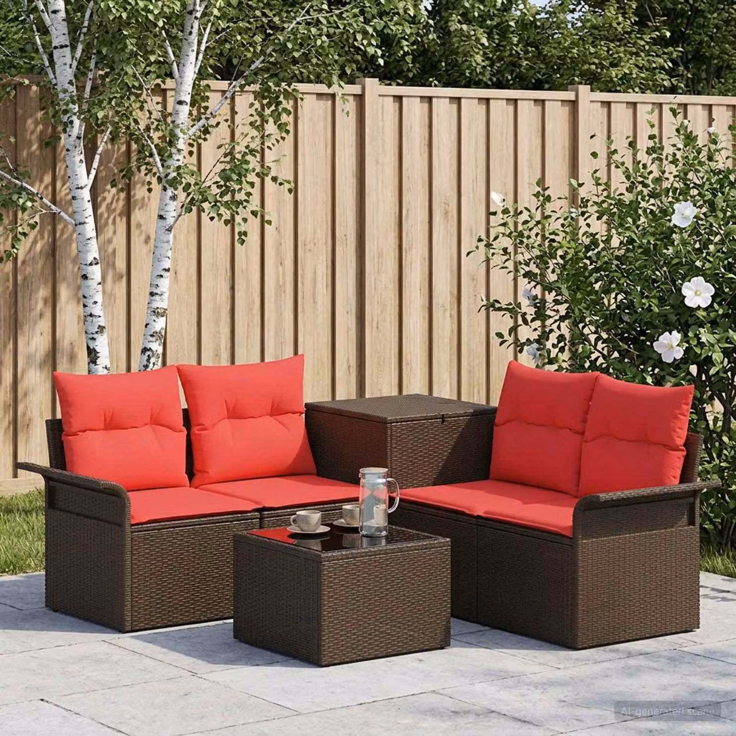Set di divani da giardino vidaXL 6 pezzi con tavolino e pouf, colore marrone e rosso, struttura in metallo e tessuto resistente alle intemperie