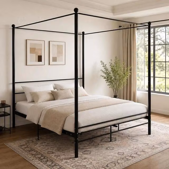 Canopy Bed, Black Metal, 160x200 Cm