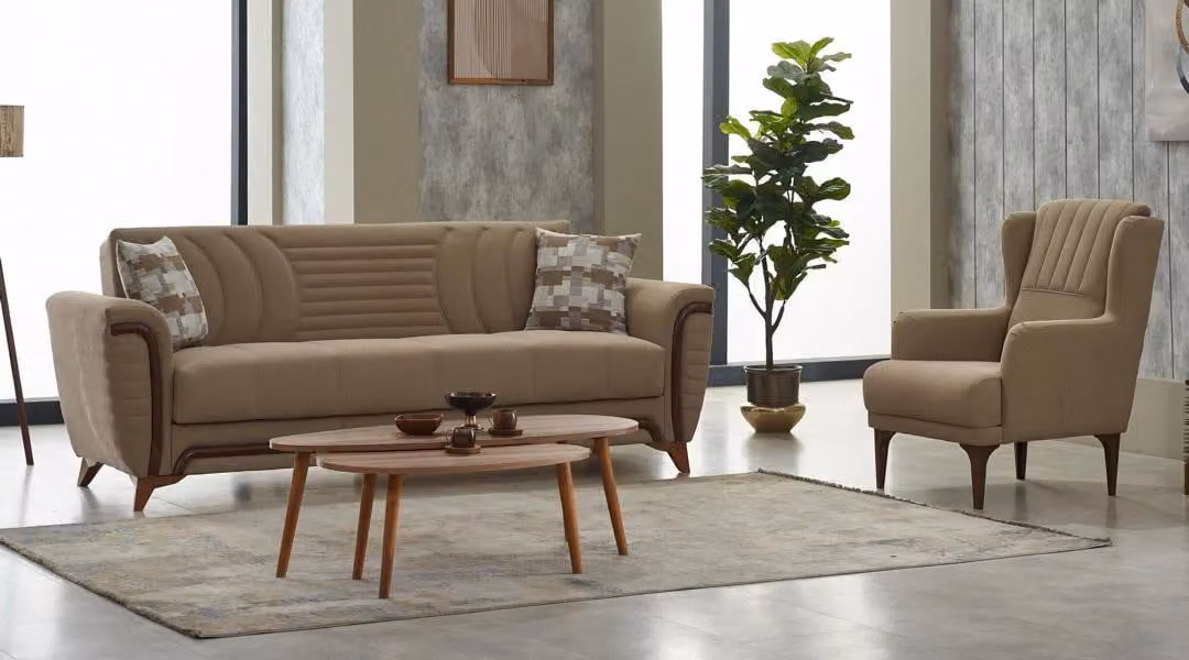 Komplette Dreisitzer Sessel 3 Sitzer Stoffsofa Polstersofa Beige Couch