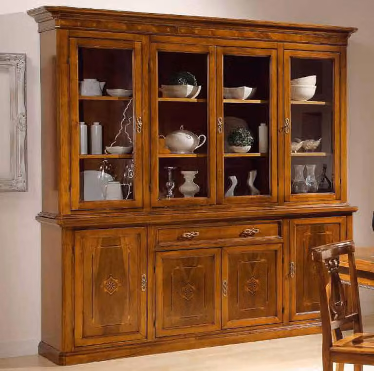 Cristalliera in legno Mobili 2G con intarsio e ante in vetro, finitura Bassano marrone, L: 220 cm, P: 49 cm, H: 222 cm