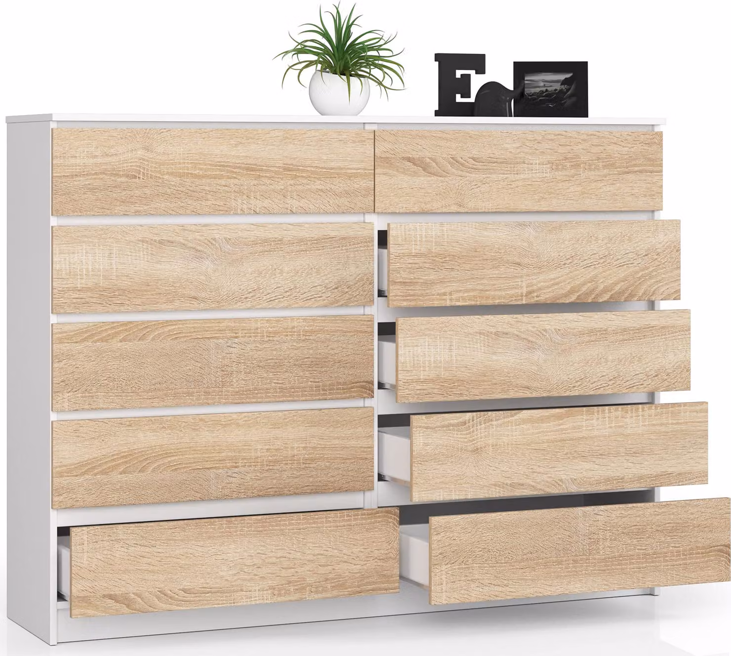 Cassettiera BDW, 10 cassetti, molto spazio in soggiorno, bianco / rovere Sonoma