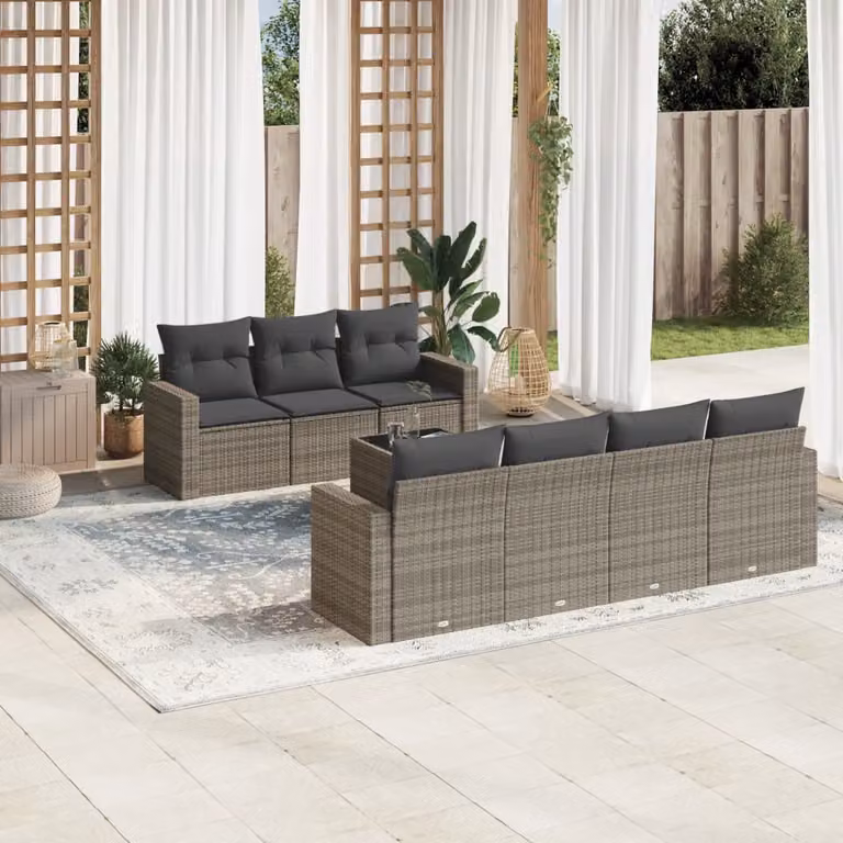 vidaXL Set Divano da Giardino 8 pz in Polyrattan Grigio con Cuscini e Tavolino
