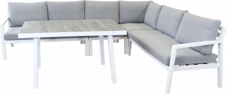 Milani Home - salotto angolare da giardino, alluminio e poliestere, con tavolino e cuscini, 6 posti, bianco