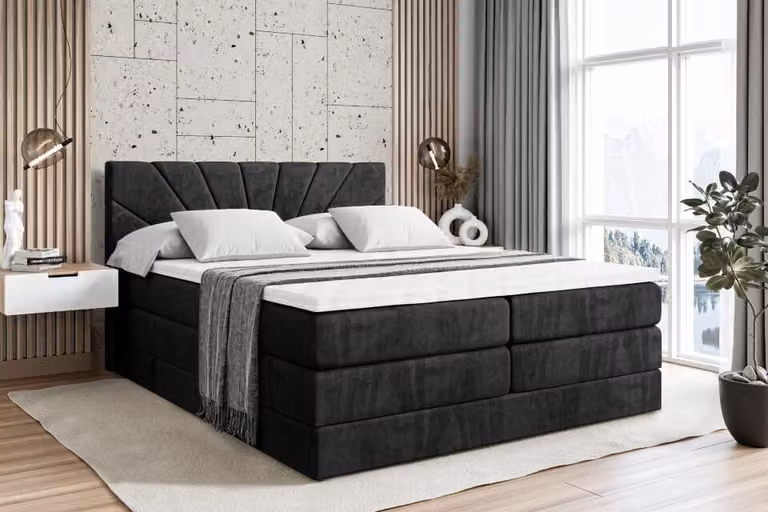 Letto boxspring ALTDECOR con 2 materassi e topper - 160x200 cm - MILTIO KING - Velluto nero - Letto imbottito con materassi H3 e H4, contenitore e rete a doghe, letto con spazio contenitivo