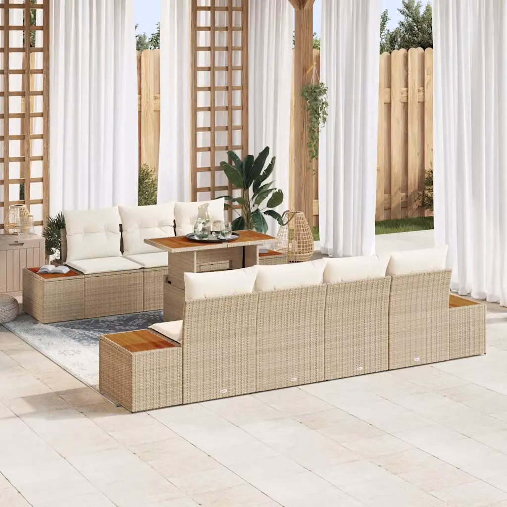 Set Divano da Giardino vidaXL 8 Pezzi con Cuscini Beige in Rattan e Acciaio Verniciato a Polvere