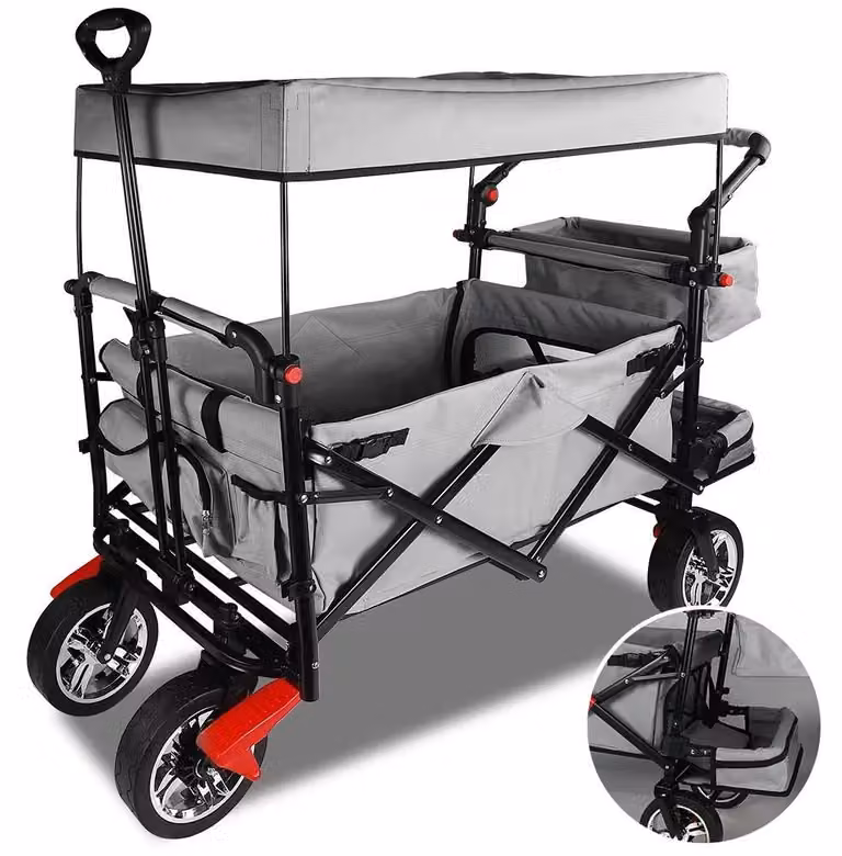 Carrello da giardino pieghevole - Carrello con tettoia - Capacità di carico: 100 kg - Dimensioni: 128x56x108 cm - Ruote con freno - Colore: grigio