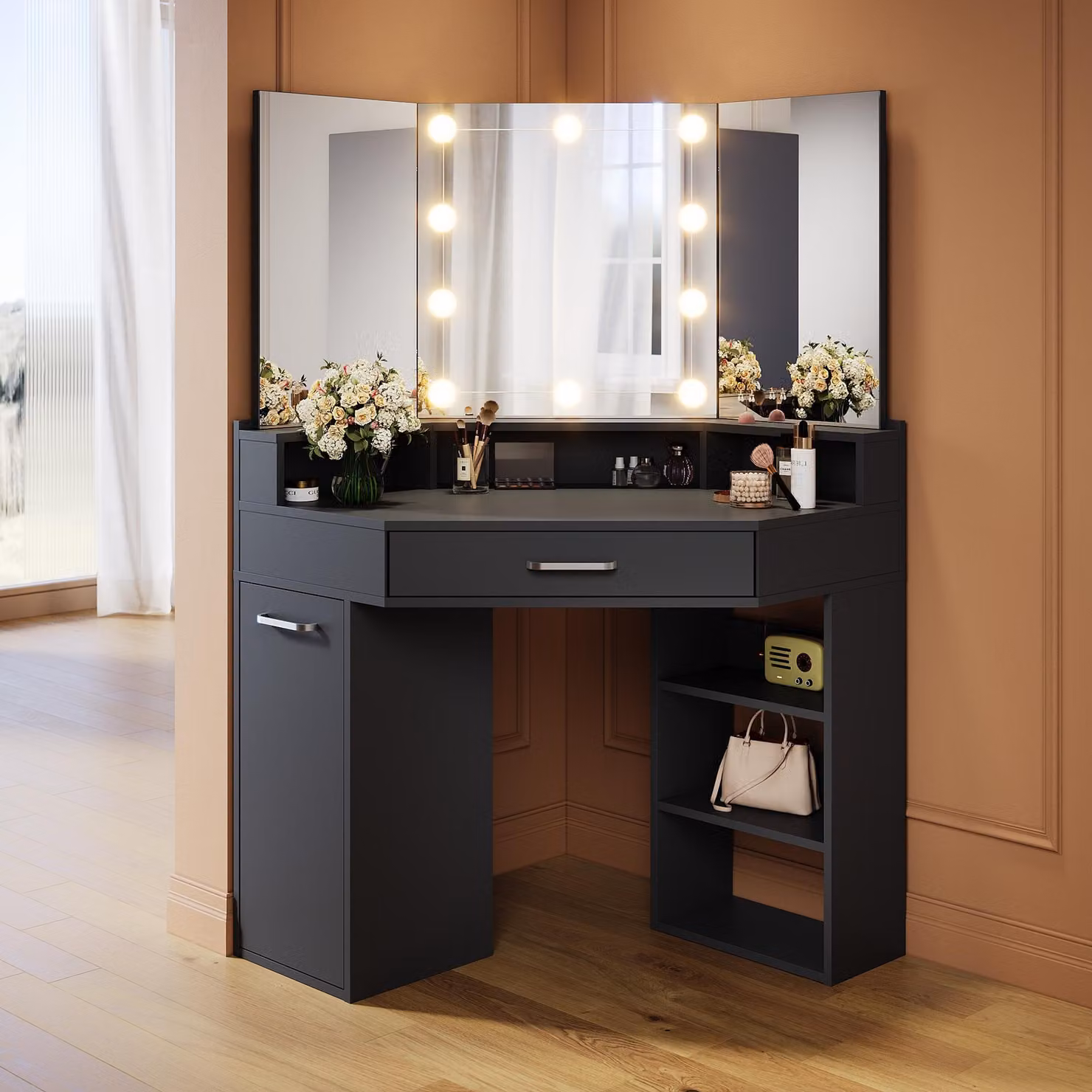 SONNI 141,5 x 54 x 111 cm Comodino nero con cassetti, specchi mobili a sinistra e a destra Illuminazione a LED con luminosità regolabile