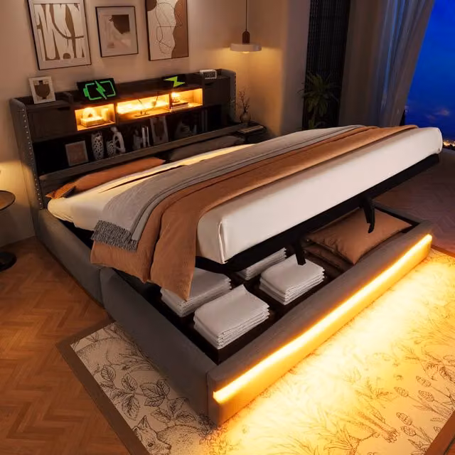 Letto matrimoniale 180 × 200 cm con vano idraulico, LED regolabili e prese di ricarica, senza materasso, grigio