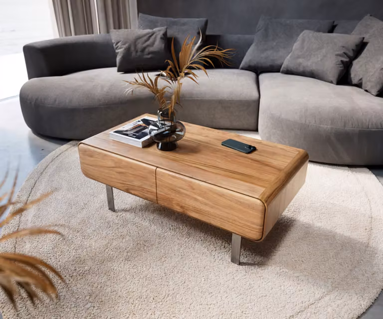 Tavolino DELIFE modello Anaya, 100x50 cm, legno di acacia naturale, 2 cassetti, base a forma di "L" in acciaio inossidabile