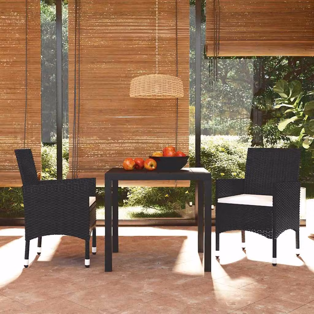 Set da Pranzo per Giardino e Terrazzo vidaXL in Polyrattan Nero con Cuscini, 3 Pezzi