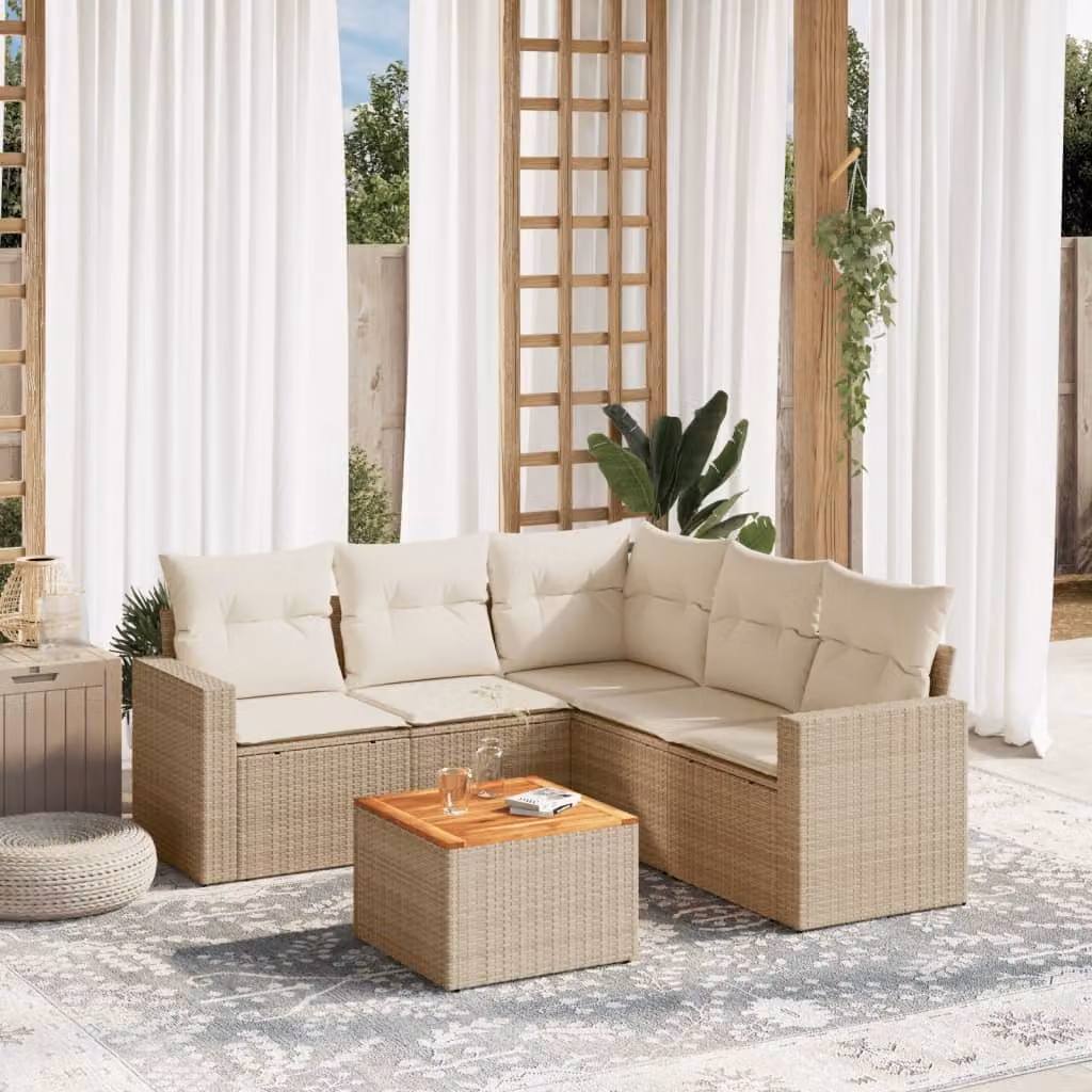 vidaXL Set Divano da Giardino a L 6 pz in Polyrattan con Cuscini Beige e Tavolino Moderno – 1
