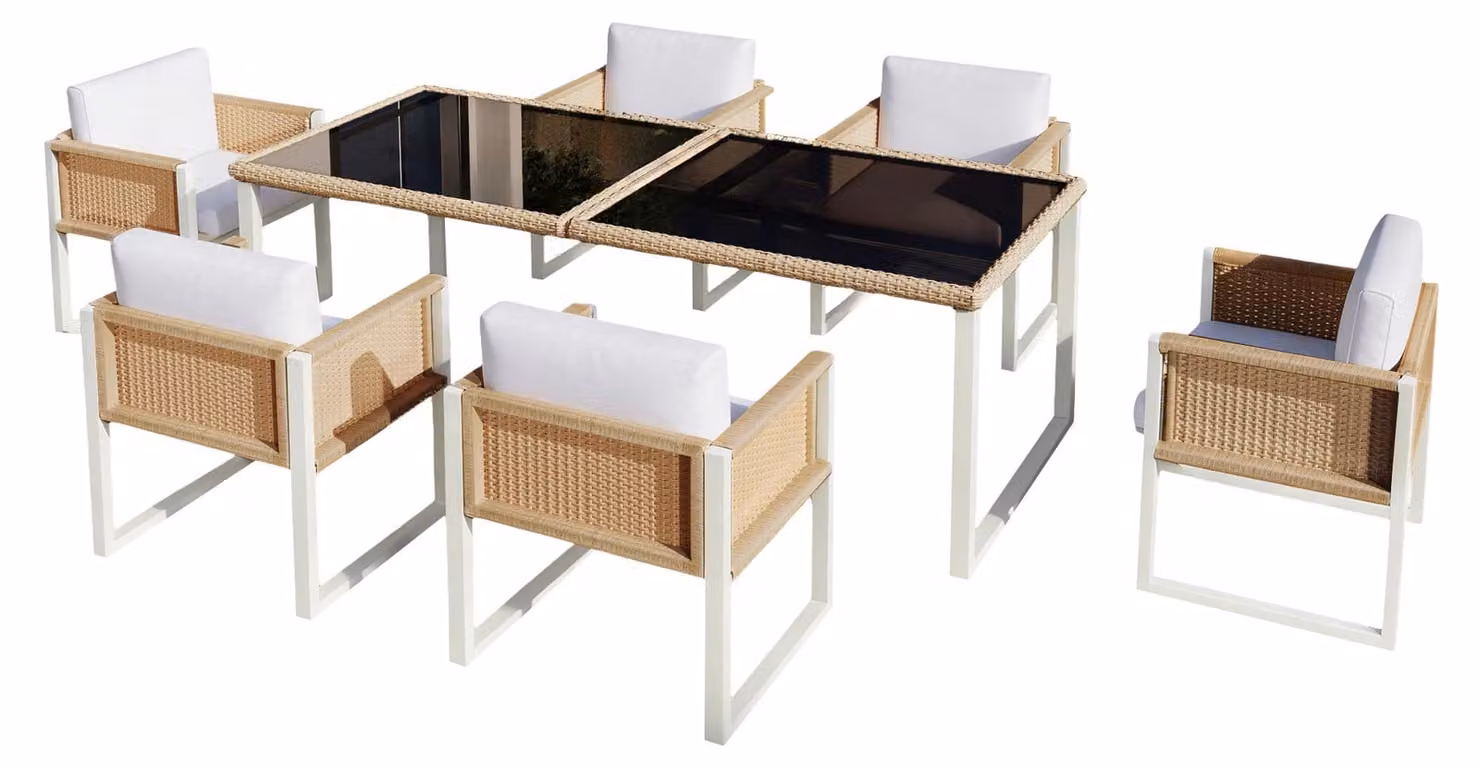 Set da pranzo in polyrattan, mobili da giardino, set da pranzo da giardino per 6 persone con poltrone, rivestimenti in tessuto sfoderabili e lavabili
