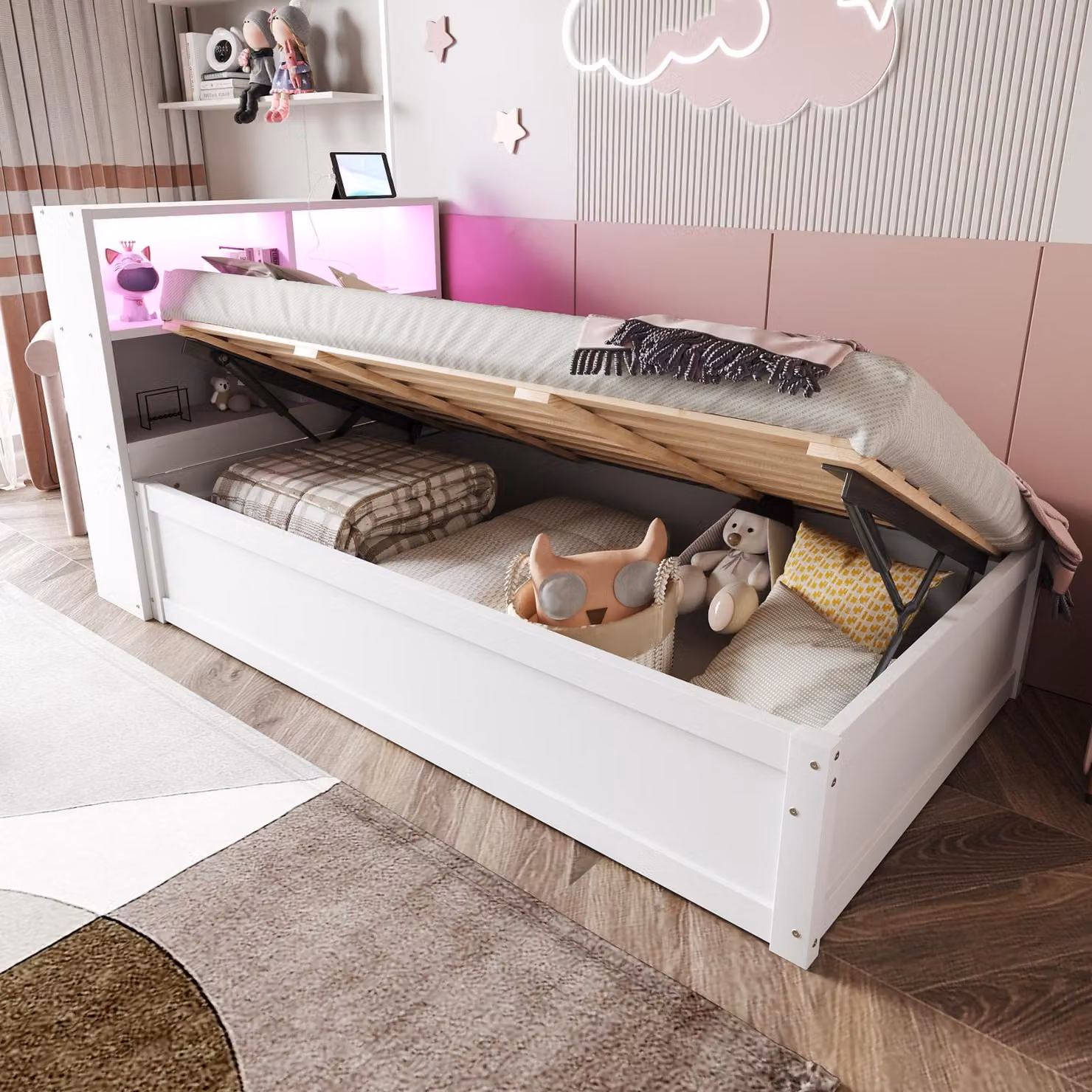 okwish Letto a scomparsa 90x200, letto per bambini con illuminazione LED, letto a una piazza per ragazzi con diversi cassetti e presa di corrente, letto singolo senza materasso con spazio contenitore, bianco