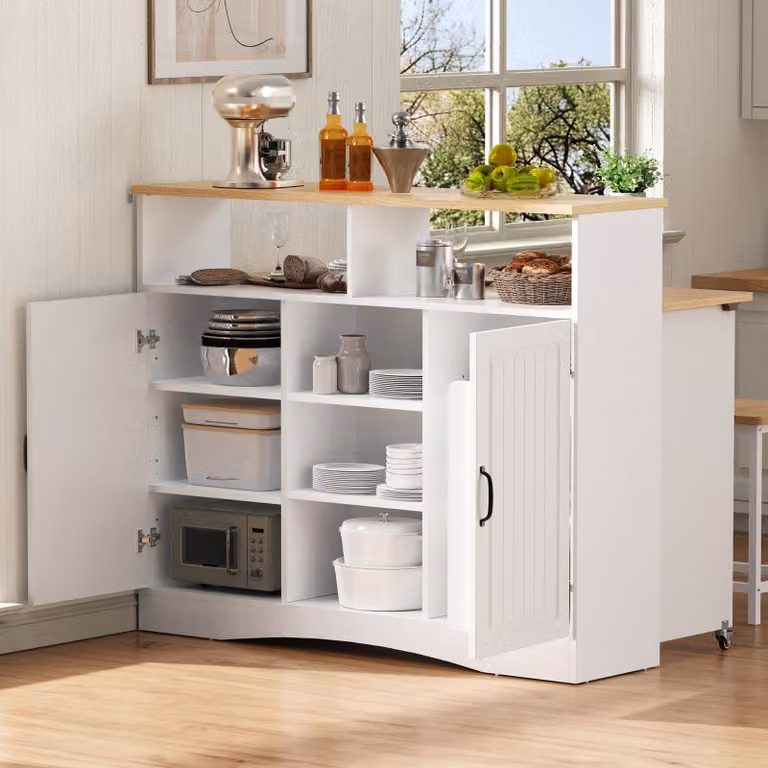 okwish Mobile da cucina a isola allungabile con due sgabelli, credenza con ripiani regolabili e vani a giorno, credenza con piano ribaltabile, bianco