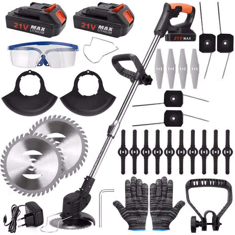 Tagliabordi a batteria 21V - 2 batterie, 4 lame, manico telescopico - Leggero e potente