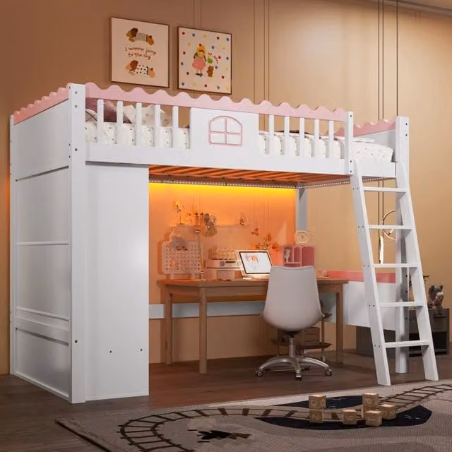 Letto a soppalco 90x200 cm con LED; armadio e cassetto in legno di pino e MDF