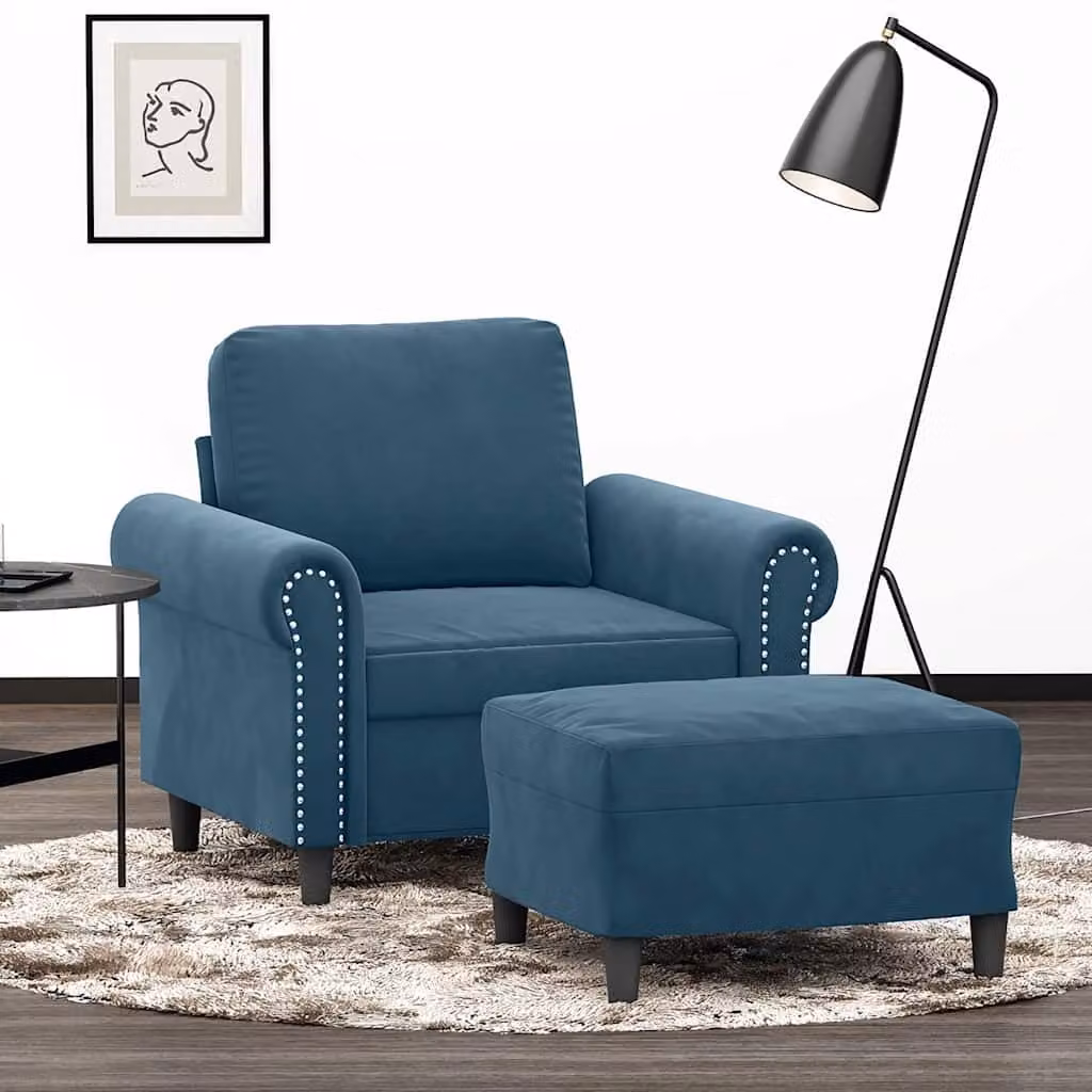 Poltrona relax con poggiapiedi vidaXL in velluto blu con braccioli e struttura moderna – 1