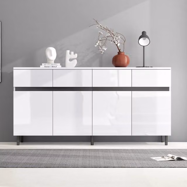 Credenza moderna Zephmum lucida con 4 cassetti e 2 ante, disponibile in bianco o nero, L: 120 cm, P: 40 cm, H: 68 cm