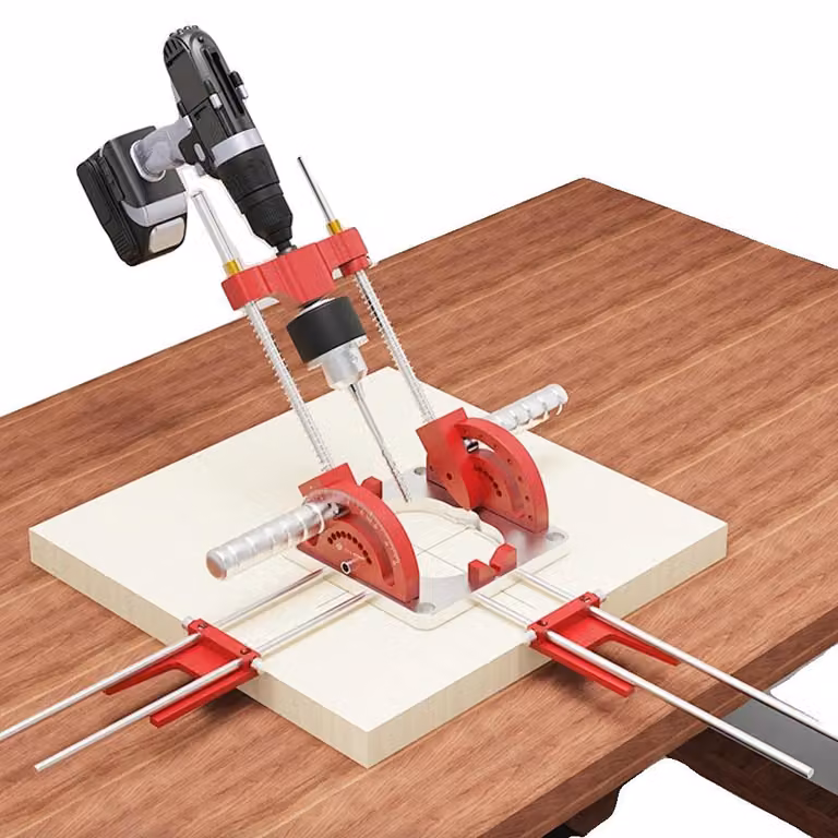 Dispositivo di guida per trapano, angolo regolabile da -60° a 60°, realizzata in lega di alluminio resistente, indicatore di profondità per una foratura precisa, impugnature ergonomiche, design compatto e portatile