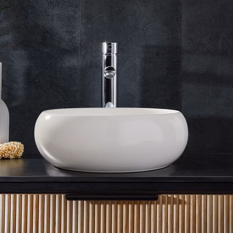 Lavabo Appoggio Rotondo Bianco 360mm Senza Fori Rubinetteria