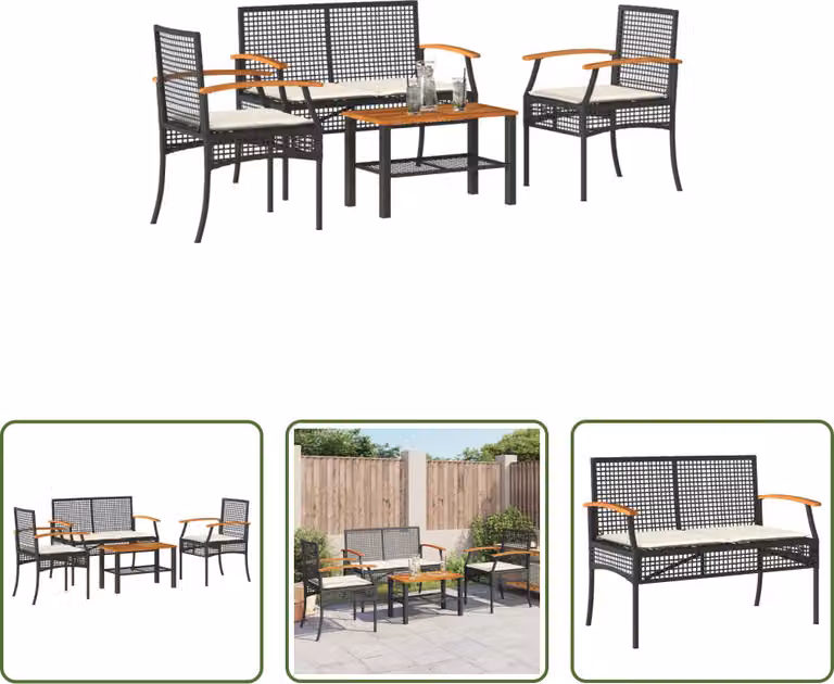 The Living Store Set da giardino 4 pezzi con cuscini in poly rattan nero