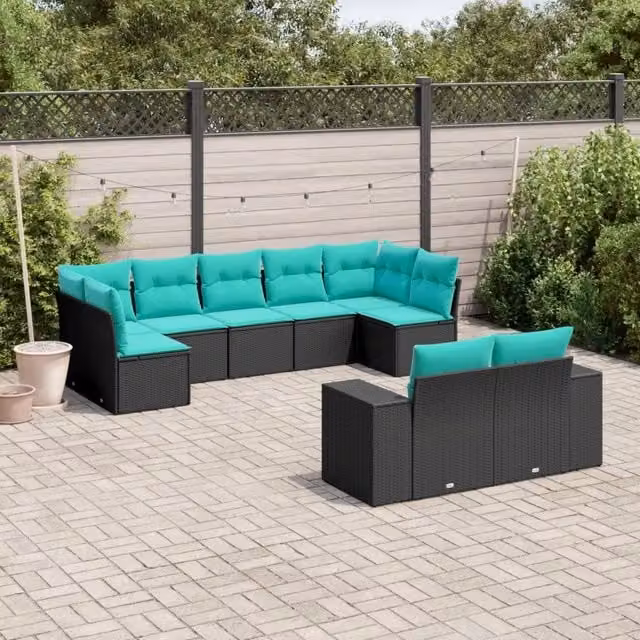 Set Divani da Giardino 9 pz con Cuscini Nero in Polyrattan 3223016