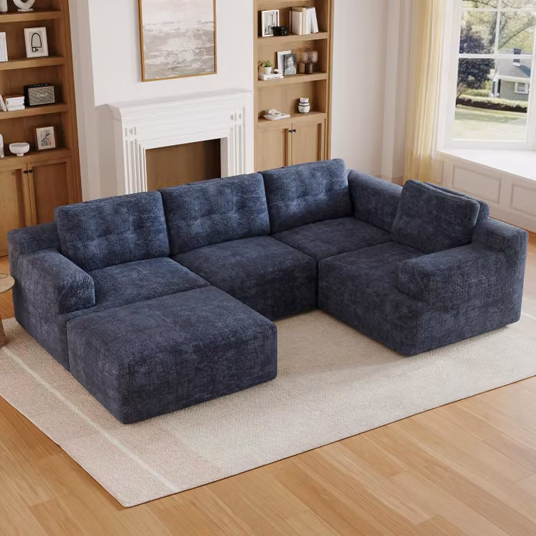 Divano angolare modulare a U Merax a 5 posti, divano componibile senza telaio con pouf, divano a L in schiuma integrale, divano in ciniglia, divano, blu