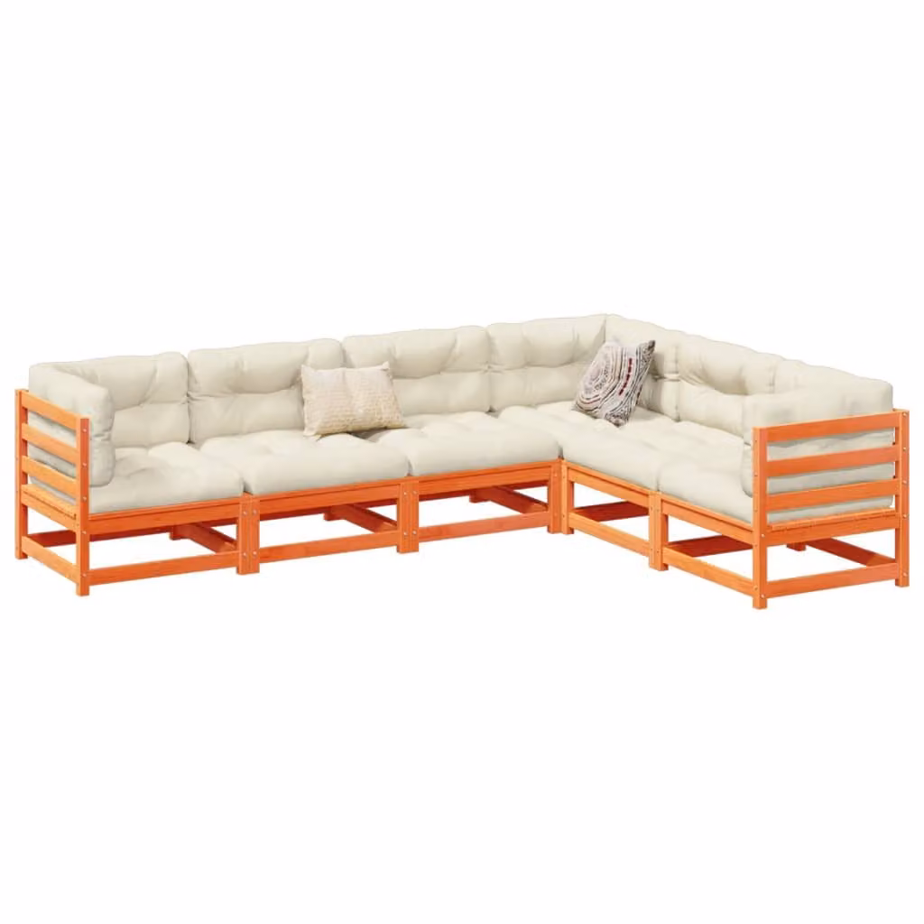 Set di divani da giardino vidaXL a forma di L composto da 6 pezzi in legno massello di pino con cuscini beige e struttura marrone cera