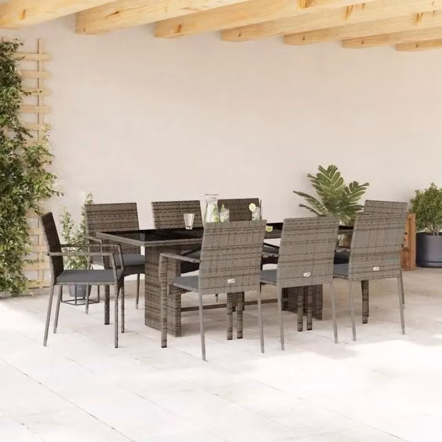 Set da pranzo da giardino vidaXL in polyrattan grigio con cuscini e tavolo in vetro, 9 pezzi – 1