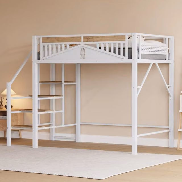 Letto a soppalco in metallo 140x200 cm con scaletta di sicurezza e spazio contenitivo, bianco