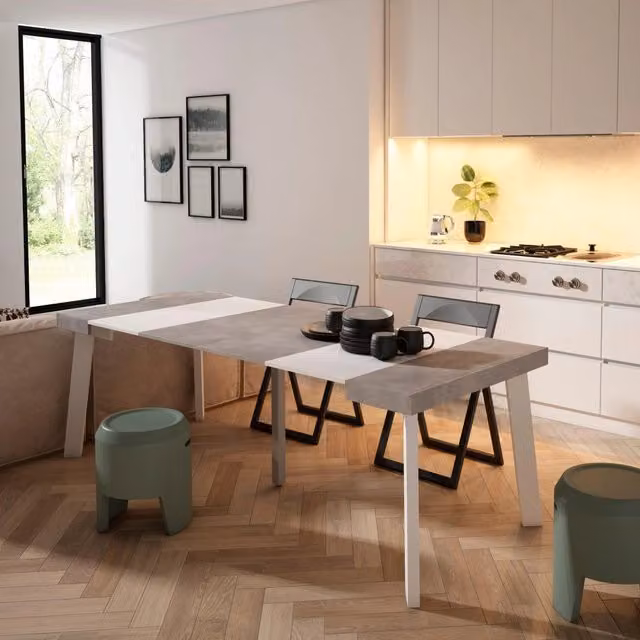 Consolle allungabile, 222x90x73cm, Per 10 persone, Gambe in legno, Bianco e grigio cemento RF3016