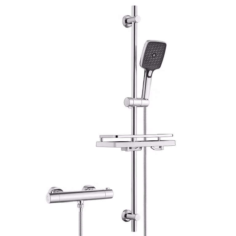 Sistema doccia JOHO in acciaio inossidabile con rubinetteria, set con barra doccia, termostato, doccetta, flessibile e barra doccia da 100 cm con portasapone, cromato