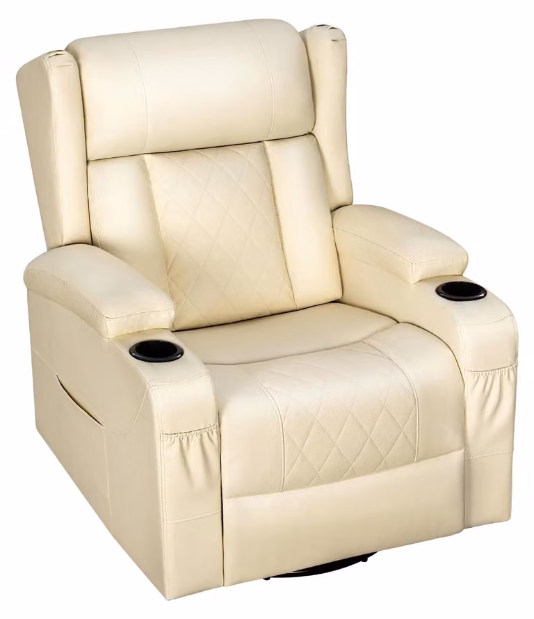 Poltrona relax - Poltrona TV - Rotazione a 360° - Schienale e poggiapiedi regolabili - Portabicchieri - Rivestimento in ecopelle beige - Portata massima: 150 kg