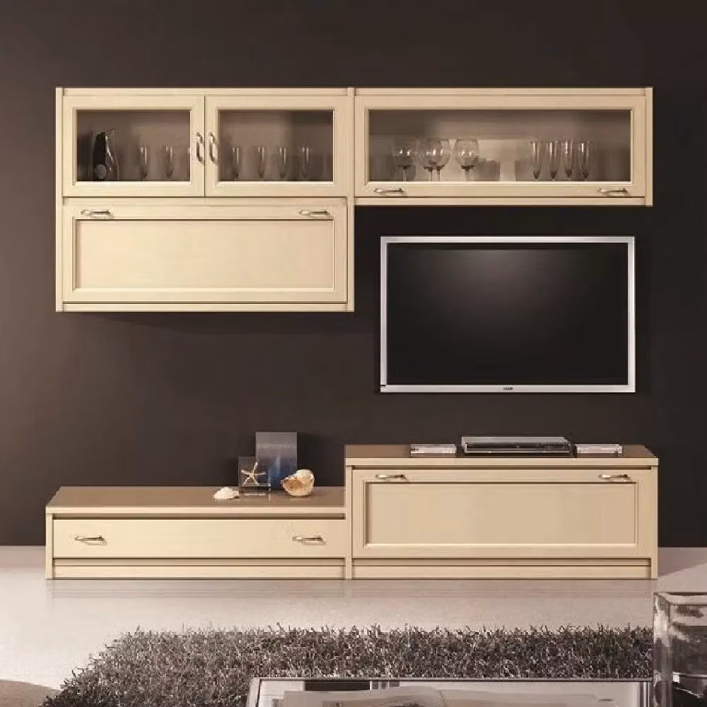 Parete attrezzata in legno di pino stile shabby chic color bianco e beige Mobili 2G L: 209 cm, P: 36/60 cm, H: 200 cm – 2