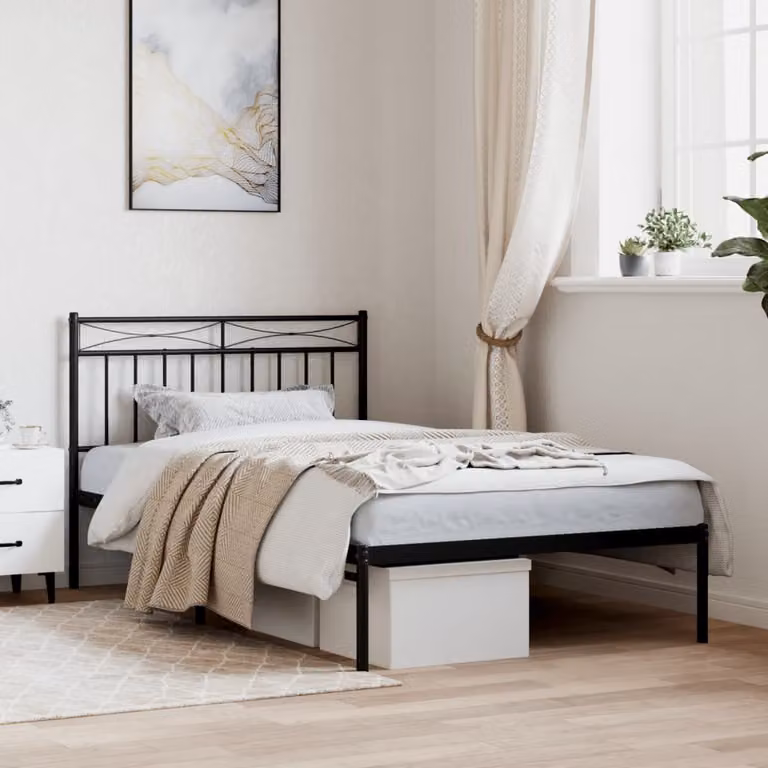 The Living Store Struttura letto con testiera in metallo nero 100x200 cm