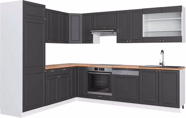 Cucina angolare moderna Fame-Line Vicco, colore Antracite-oro/Bianco con dettagli Rovere, L/P: 287 x 227 cm – 1