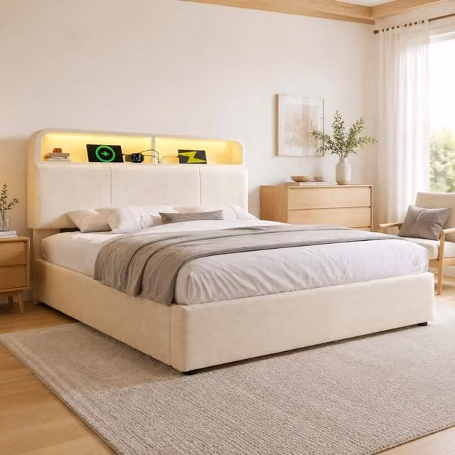 Letto matrimoniale 140x200 cm con contenitore; testiera regolabile in altezza; LED e ricarica USB/Type-C; velluto beige