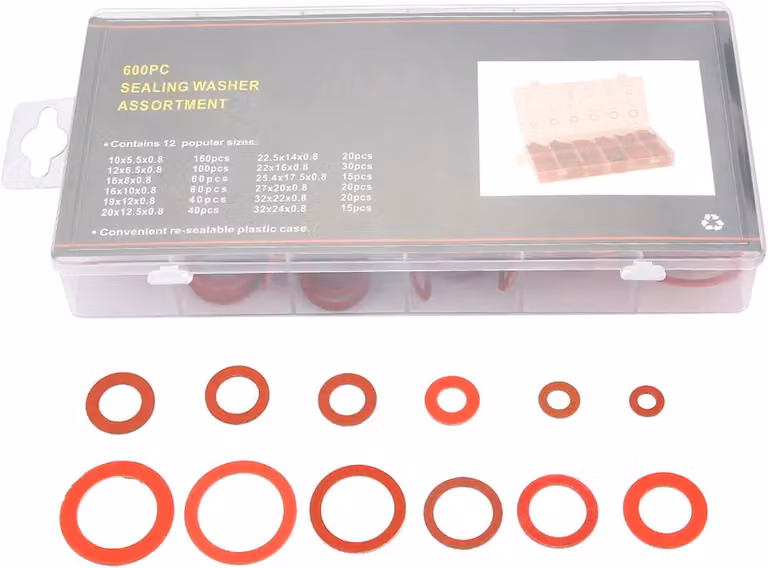 Set di anelli di tenuta, 600 pezzi - Anelli piatti - Utilizzo domestico/automobilistico - Isolamento marino - Diverse dimensioni - Contenitore in plastica per la conservazione - Guarnizione
