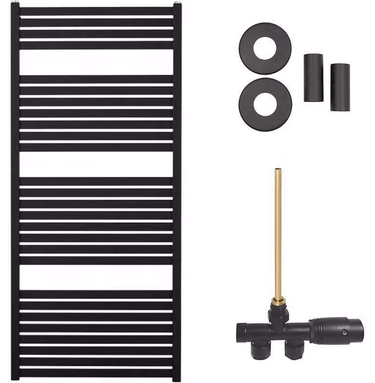Kit radiatore per bagno Vincenzo - riscaldamento centralizzato - attacco laterale a un punto - 600W - nero opaco - 1330x600 mm