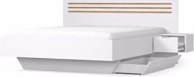 Pack letto FLORENCE – 180x200 cm – Con rete + 2 cassetti – Comodini integrati – Bianco e rovere